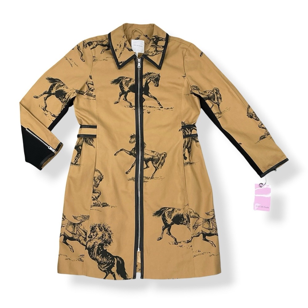 Avec Les Filles Jacket Women XL Tan Black Horse Print Trench Longline Canvas NWT